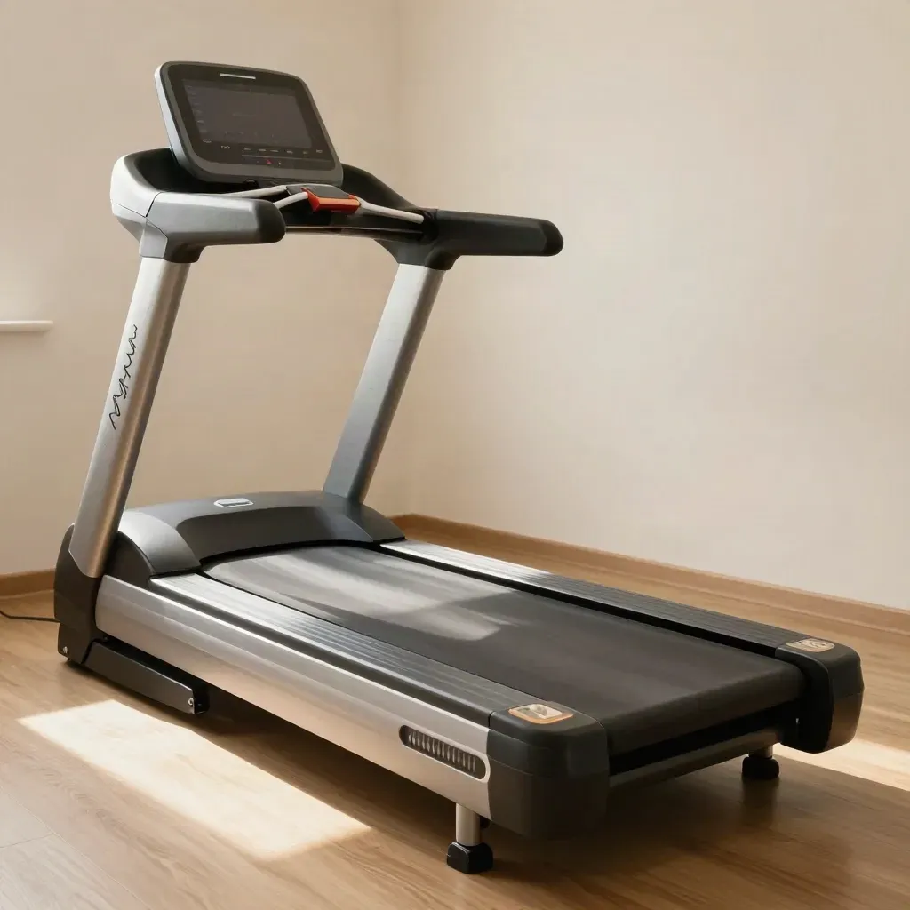 Tapis roulant con cavi ECG e sensore cardio in sala test luminosa.