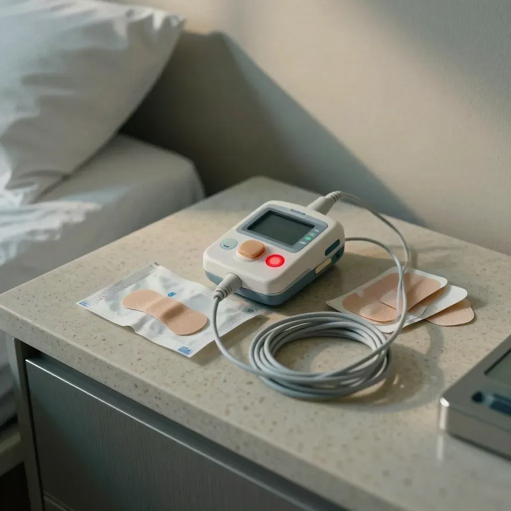 Registratore Holter su busta sterile con elettrodi e cavo arrotolato sul comodino.