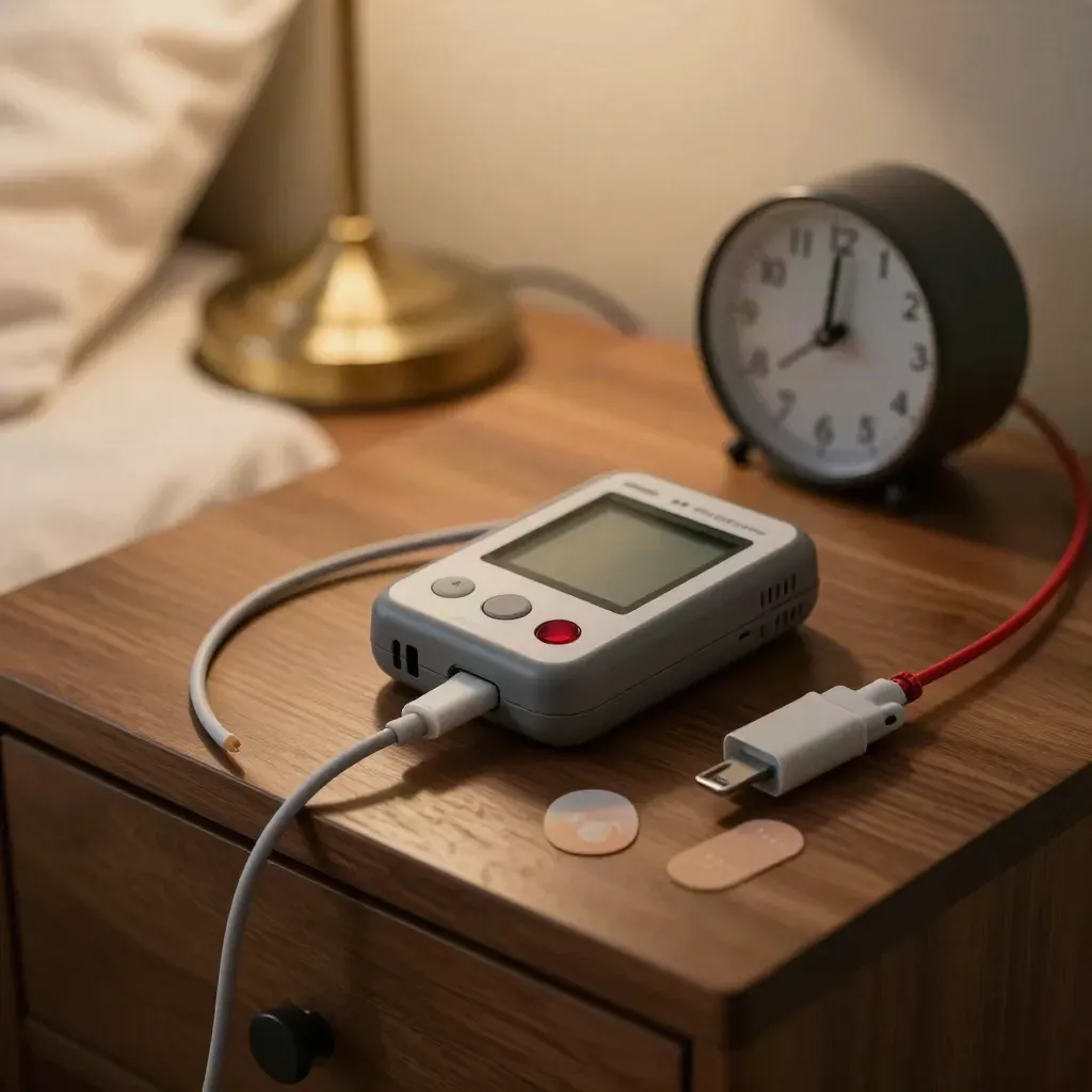 Holter per palpitazioni su comodino con elettrodi, cavo e orologio acceso, luce calda notturna