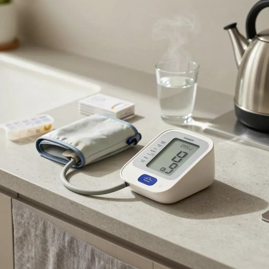 Misuratore di pressione, bracciale e scatola medicine su un piano cucina, luce soffusa e vapore.