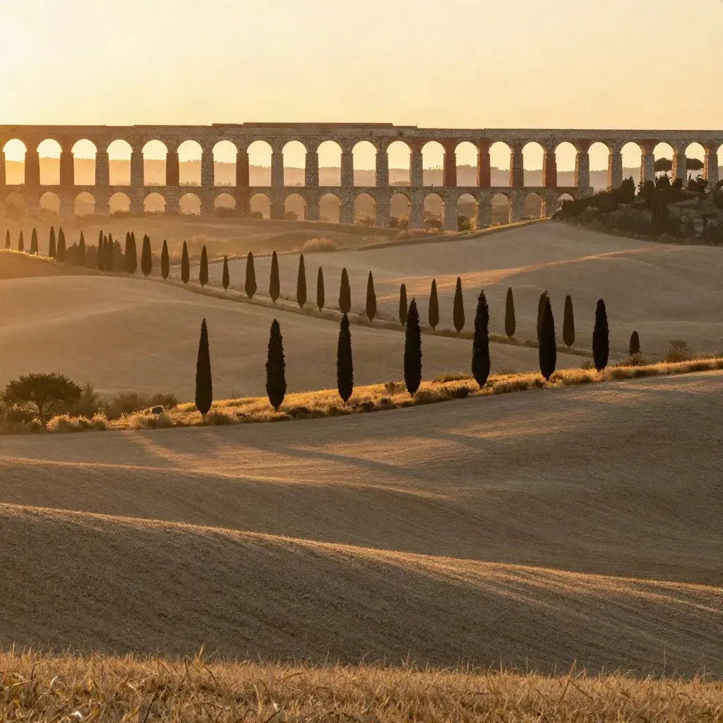 Acquedotto romano nel Lazio al tramonto, campi ocra e cipressi nella luce dorata.