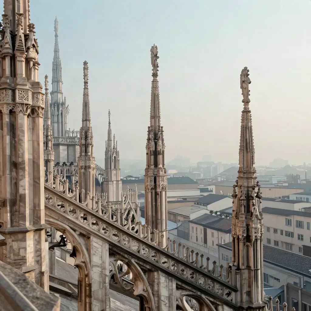 Le guglie del Duomo di Milano emergono nella nebbia mattutina sopra tetti chiari.