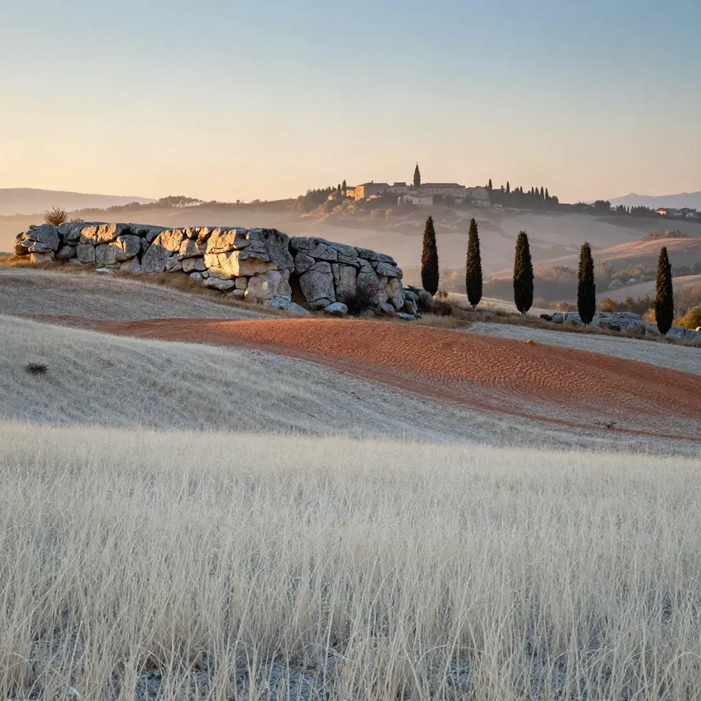 Roccia calcarea toscana, cipressi e borgo collinare nella luce calda del tramonto